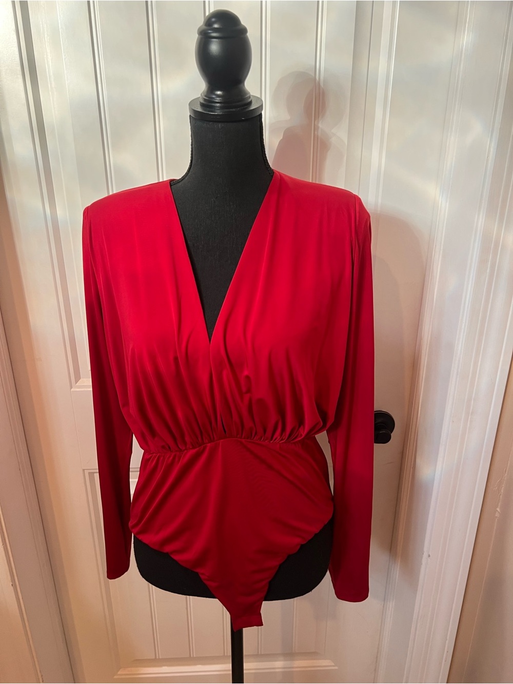 Women’s Red Long-Sleeve V-Neck Bodysuit
